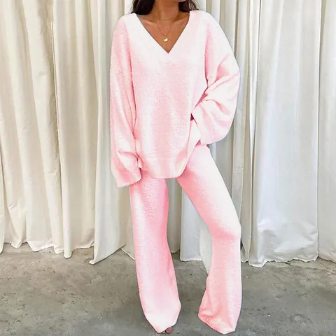Ensemble de Nuit Chaud Hiver Femmes Col en V Haut à Manches Longues et Pantalon Large Couleur Unie Polyester Élasthanne Décontracté