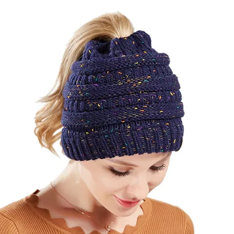 Berretto in Maglia da Donna con Filato Confetti Apertura per Coda di Cavallo Invernale Caldo Acrilico Picchiettato Accessori