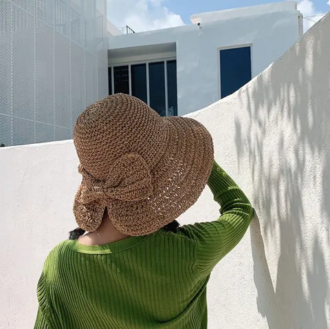 Chapeau de Paille Protection Solaire Été Femme Nœud Tissé Pliable Chapeau de Plage pour Vacances Extérieures