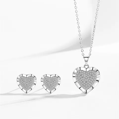 Einfaches Elegantes Herzförmiges Zirkonia Halskette Und Ohrstecker Schmuckset Für Damen Kupfer Gold Silber Schmuckset