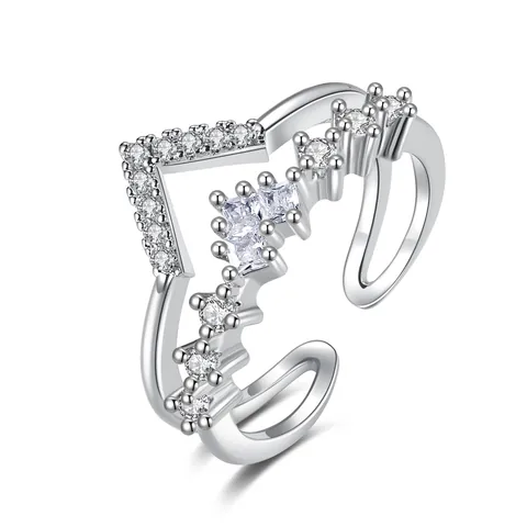 Minimalist V Shaped Double Layer Open Ring For Women Copper Heart Zirconia Adjustable Ins Style Fashion Jewelry Finger Ring