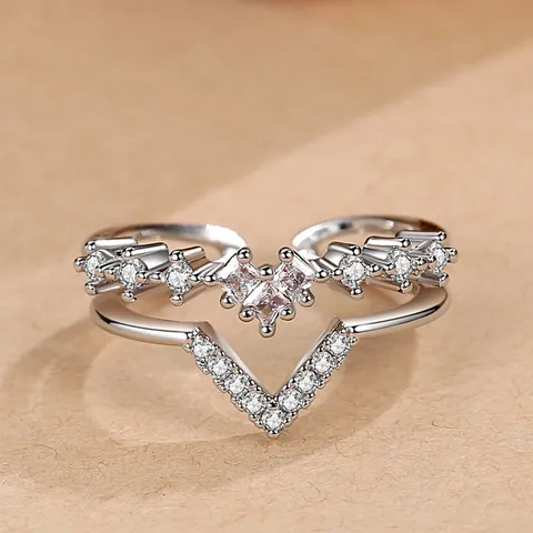 Minimalist V Shaped Double Layer Open Ring For Women Copper Heart Zirconia Adjustable Ins Style Fashion Jewelry Finger Ring