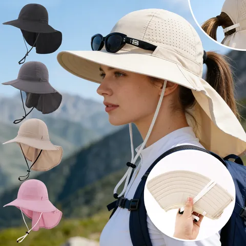Unisex Outdoor Sun Protection Bucket Hat With Neck Flap Breathable Mesh Foldable Polyester Wide Brim Sunshade Fishing Hiking Hat