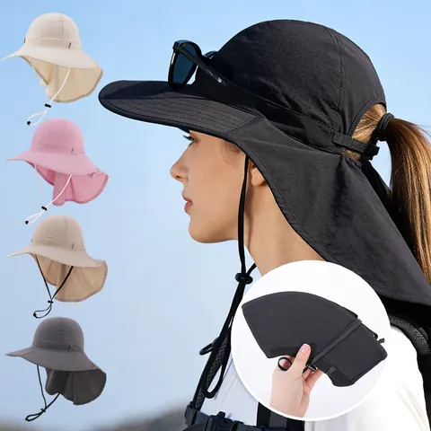 Unisex Outdoor Sun Protection Bucket Hat With Neck Flap Breathable Mesh Foldable Polyester Wide Brim Sunshade Fishing Hiking Hat