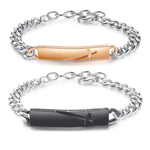 Stainless Steel Cross Couple Bracelet For Men Women Curb Chain Religious Christian Jewelry Engraved Rhinestone Inlaid Fashion Wristband