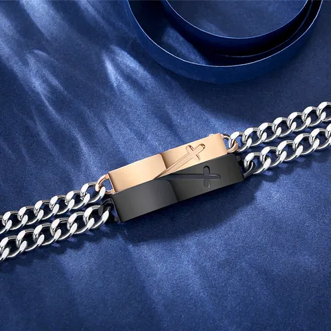 Stainless Steel Cross Couple Bracelet For Men Women Curb Chain Religious Christian Jewelry Engraved Rhinestone Inlaid Fashion Wristband