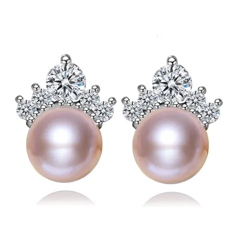 Crown Freshwater Pearl Stud Earrings With Zirconia Embellishment Copper Base Fashion Jewelry For Women Everyday Wear