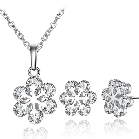 Fashion Copper Zircon Snowflake Necklace And Stud Earrings Jewelry Set For Women Silver Color Winter Flower Accessories Gift