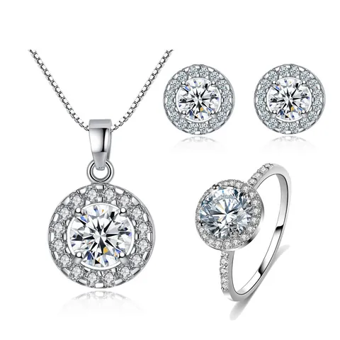Fashion Round Zirconia Jewelry Set For Women Copper Silver Plated Halo Necklace Stud Earrings Ring Set Classic Simple Style
