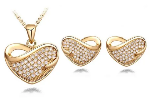 Klassieke Sieradenset Koperen Hart Hanger Ketting En Oorbellen Met Pavé Zirconia Voor Vrouwen Verjaardagscadeau Feest