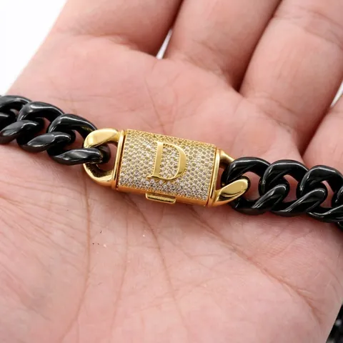 Heavy 14mm Cuban Link Chain Necklace Bracelet 18K Gold Initial A-Z Flip Clasp Stainless Steel Rhinestone Hip Hop Jewelry