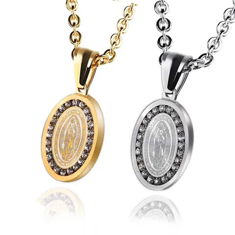 Stainless Steel Virgin Mary Oval Pendant Necklace For Women Men Inlaid Rhinestone Religious Jewelry Gold Silver Plate Charm