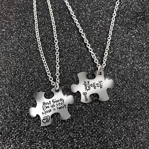 Stainless Steel Engraved Puzzle Piece Pendant Necklace For Women Best Friends Relationship Heart Key Fashion Jewelry Gifts