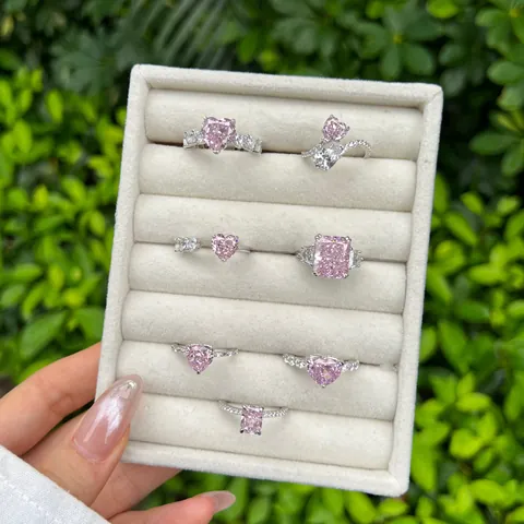 Bague en Argent Sterling S925 pour Femme Zirconia Rose Cœur Carré Taille Fleur de Glace Bijoux Mariage Fiançaille