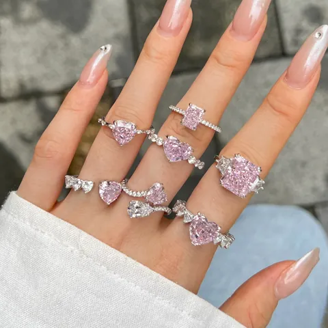 Bague en Argent Sterling S925 pour Femme Zirconia Rose Cœur Carré Taille Fleur de Glace Bijoux Mariage Fiançaille