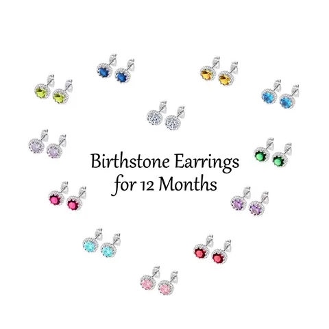 12 Months Birthstone Round Zirconia Stud Earrings For Women Colorful Halo Copper Zirconia Earrings Jewelry Birthday Gift