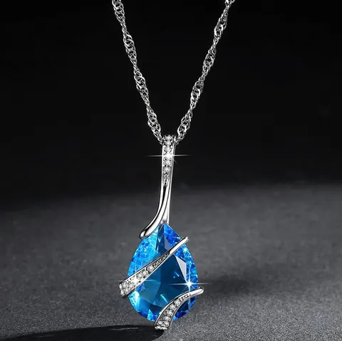 Vintage Copper Sea Blue Water Drop Zirconia Pendant Necklace For Women Rose Gold Silver Plated Teardrop Jewelry Party Accessory