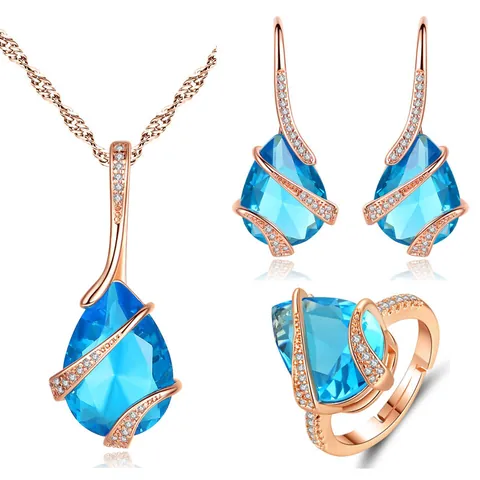 Vintage Water Drop Sea Blue Zirconia Jewelry Set For Women Copper Inlaid Rhinestone Necklace Earrings Ring Set For Wedding Party