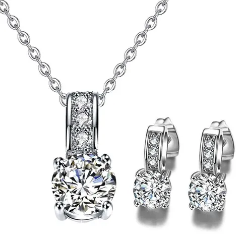 Ausrufezeichen Runde Zirkonia Halskette Ohrstecker Set Für Damen Vier Krallen Herz Und Pfeile Schmuck Kupfer Galvanisiert