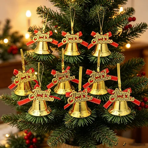 Christmas Hanging Bells Ornaments 9 Pcs Set Gold Mini Jingle Bells With Red Bows Merry Christmas Letters Xmas Decorations