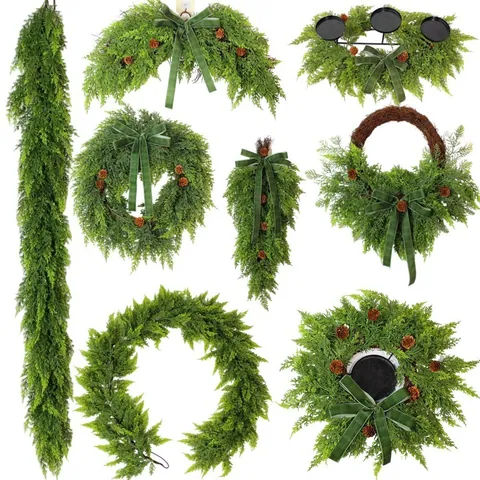 Realistic Christmas Faux Cedar Pine Needle Garland Wreath With Natural Pinecones Velvet Bow Artificial Evergreen Hanging Decor For Fireplace Door Stairs Home Party Xmas Decoration