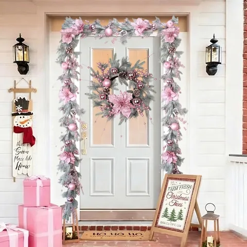 Pink Christmas Garland With Artificial Poinsettia Flowers Berries Shiny Balls Natural Pine Cones Snow Flocked Pine Needles For Home Wall Decor