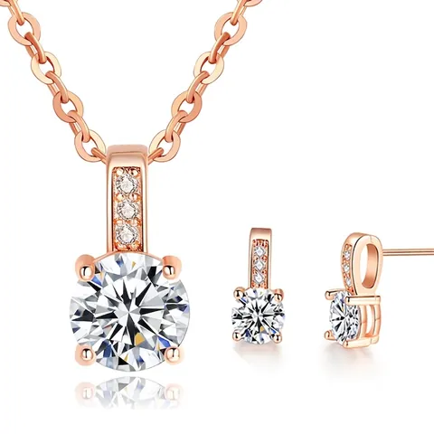 Ausrufezeichen Runde Zirkonia Halskette Ohrstecker Set Für Damen Vier Krallen Herz Und Pfeile Schmuck Kupfer Galvanisiert
