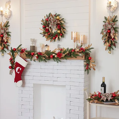 Handmade Christmas Wreath Garland Artificial PE Pine Needle Gold Leaf Red Berry Swag For Door Stair Wall Home Decor