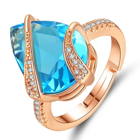 Anello Aperto in Zirconia a Goccia d'Acqua Blu Mare Vintage per Donna Placcato Oro Rosa Argento Regolabile Gioiello di Lusso