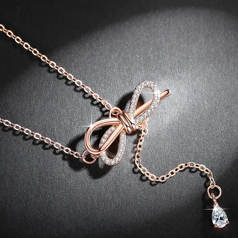 Elegante Strik Kwastje Hanger Halsketting Koper Zirconia Waterdruppel Halsketting Voor Vrouwen Sieraden Zoete Bosstijl Accessoire