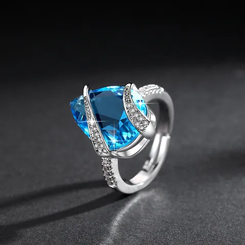 Anello Aperto in Zirconia a Goccia d'Acqua Blu Mare Vintage per Donna Placcato Oro Rosa Argento Regolabile Gioiello di Lusso