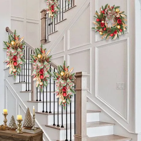 Handmade Christmas Wreath Garland Artificial PE Pine Needle Gold Leaf Red Berry Swag For Door Stair Wall Home Decor