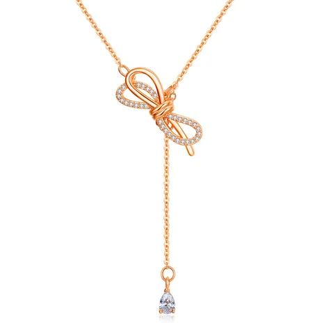 Elegante Strik Kwastje Hanger Halsketting Koper Zirconia Waterdruppel Halsketting Voor Vrouwen Sieraden Zoete Bosstijl Accessoire