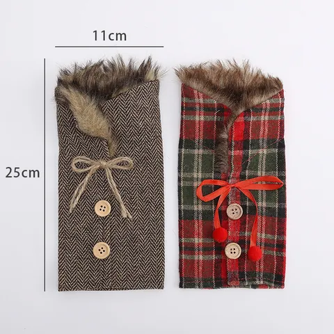 Christmas Red Wine Bottle Cover Faux Fur Collar Plaid Herringbone Fabric Decorative Wine Bag For Holiday Table Decoration
