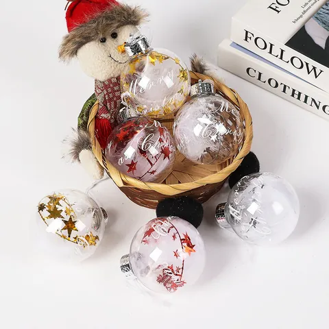 8cm Set 6 Piezas Bolas de Navidad Transparentes de Plástico Adornos Colgantes con Plumas y Estrellas para Árbol