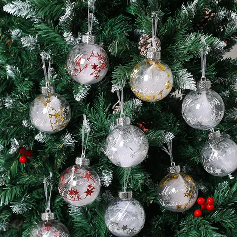8cm Set 6 Piezas Bolas de Navidad Transparentes de Plástico Adornos Colgantes con Plumas y Estrellas para Árbol