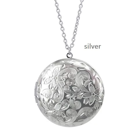Vintage Round Locket Necklace For Women Stainless Steel Photo Box Pendant Floral Engraved Memory Keepsake Jewelry Gift