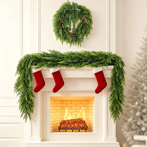 Realistic Christmas Faux Cedar Pine Needle Garland Wreath With Natural Pinecones Velvet Bow Artificial Evergreen Hanging Decor For Fireplace Door Stairs Home Party Xmas Decoration