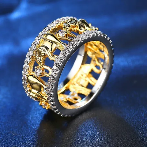 Western Fashion Two-Tone Gold Silver Plated Copper Ring With Zirconia Elephant Motif Hollow Design Ethnic Women Jewelry