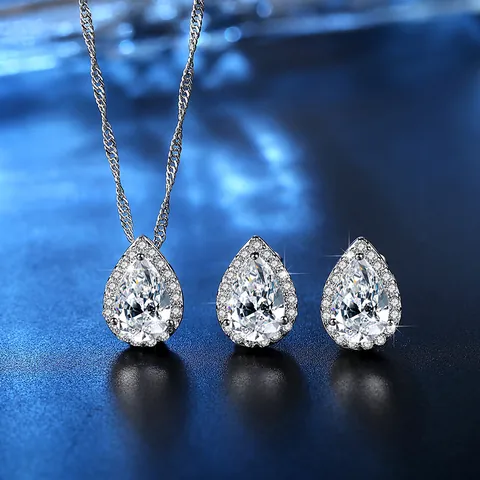 Luxus Platinierte Kupfer Wassertropfen Zirkonia Halskette Ohrstecker Schmuck Set Für Damen Hochzeit Party Elegantes Geschenk