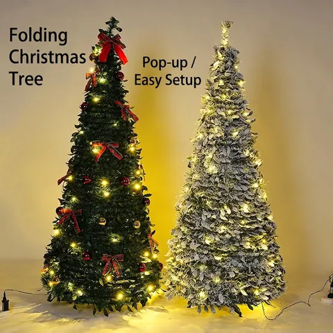 Luxurious Folding Telescopic Christmas Tree With Warm LED Lights Flocked Artificial Xmas Tree For Home Holiday Decor