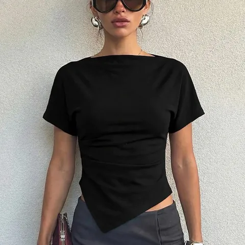 Camiseta Ajustada de Manga Corta Fruncida para Mujer con Dobladillo Irregular Asimétrico Top Casual Color Sólido Cuello Barco Moda Verano