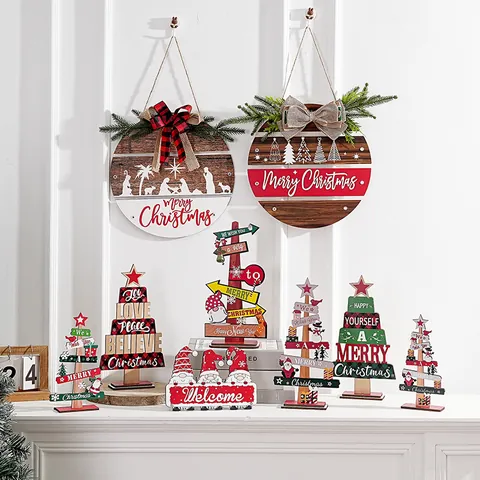 Cartel de Madera de Navidad Rústico Decoración Colgante Papá Noel Árbol Gnomo Lazo Cuadros Adorno Redondo para Decoración Puerta Mesa Hogar