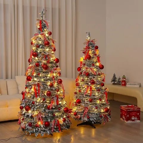 Árbol de Navidad Plegable Telescópico de Lujo Con Luces LED Cálidas Flocado Artificial Verde Árbol de Navidad Decoración Interior Hogar Fiesta