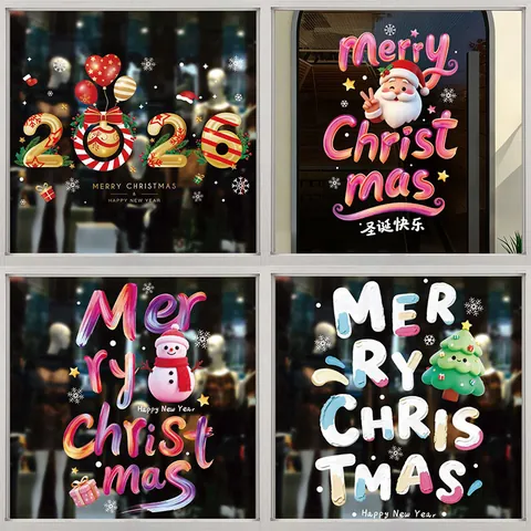 Große Bunte Weihnachts-Fensteraufkleber 2026 Frohe Weihnachten Weihnachtsmann Schneemann Rentier Glasbilder Für Schaufenster Haus Festliche Deko