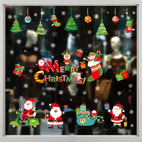 Large Christmas Window Clings Static Stickers 2024 New Design Reusable PVC Santa Snowman Reindeer Glass Decor For Holiday Party Home Window Ornament