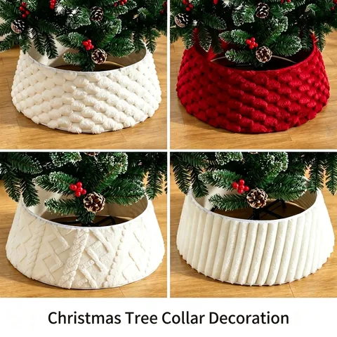 Christmas Plush Tree Collar 3D Textured Tree Ring White Red Vertical Stripe Braided Pattern Christmas Tree Base Decor Holiday Party Decorations