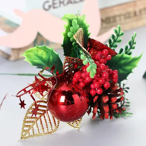 Pique de Noël Avec Pomme de Pin Artificielle Baies Feuilles Plastique Mousse Fer Pour Décoration Arbre de Noël DIY