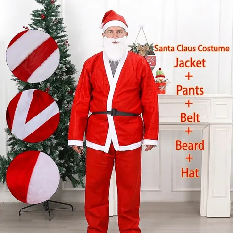 Santa Claus Costume For Women Girls Boys Christmas Performance Outfit Polyester Gold Velvet Non-woven Fabric Dress Hat Belt Beard