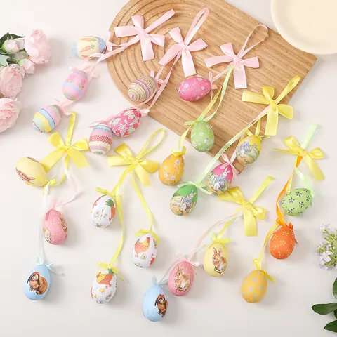 Décoration à Suspendre en Œufs de Pâques en Mousse Motif Lapin Poussin Corde Ornements de Pâques pour Maison Fête Décoration Cadeau